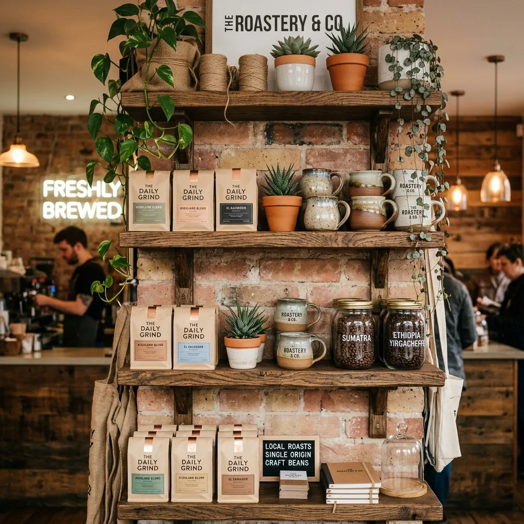 Rustic wooden shelves with coffee bags and plants